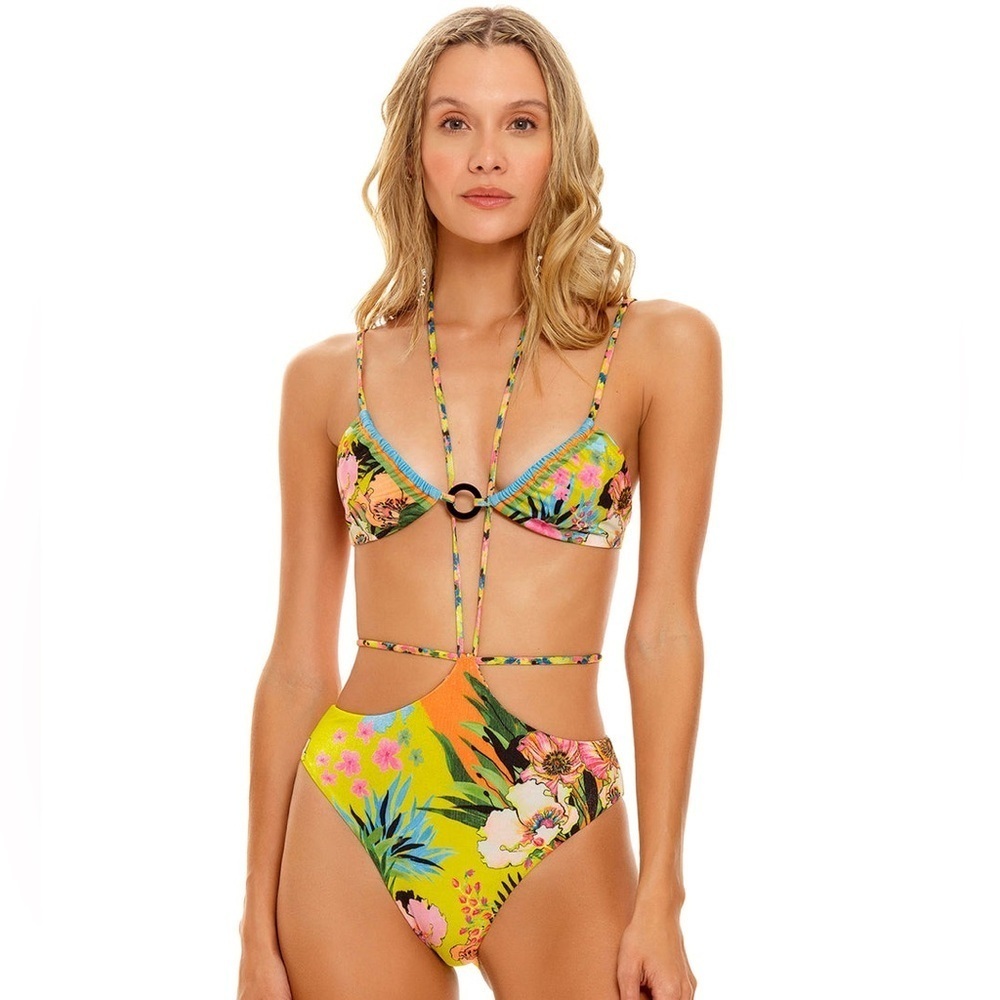 NWT Agua Bendita Anya Praia Metallic Floral Strap Bikini Bottom Yellow & Pink XL